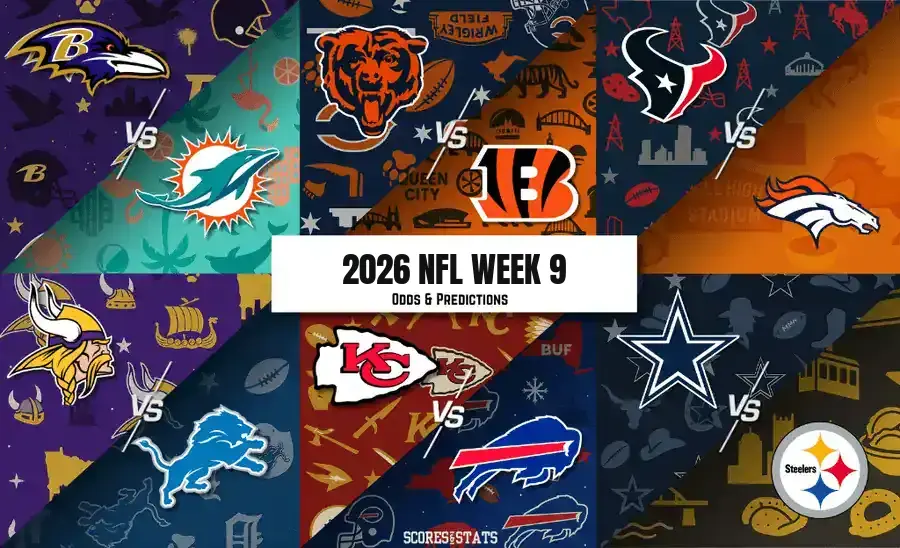 2026 NFL Week 9 odds and predictions graphic