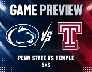 NCAAF game preview graphic featuring Penn State and Temple logos with navy, white, and crimson team-color background.