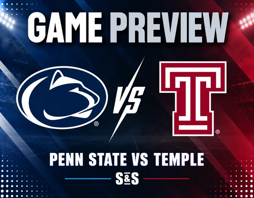 NCAAF game preview graphic featuring Penn State and Temple logos with navy, white, and crimson team-color background.