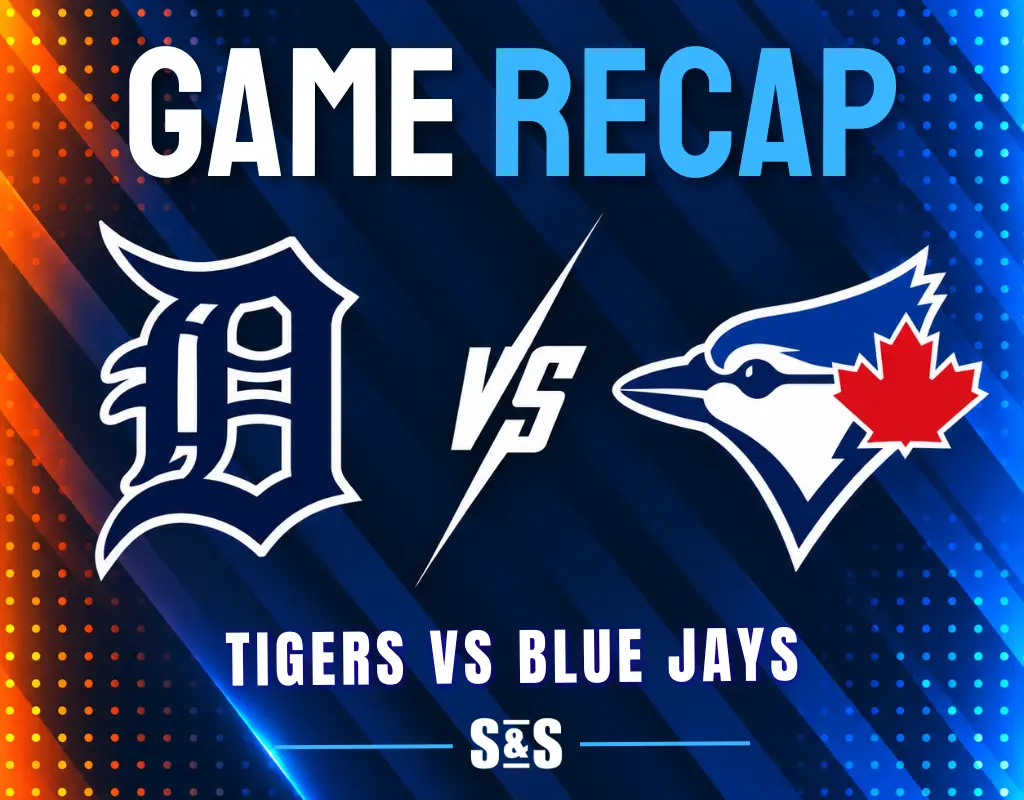 Game recap graphic showing Detroit Tigers and Toronto Blue Jays logos with "vs" in between on a blue and orange gradient background.